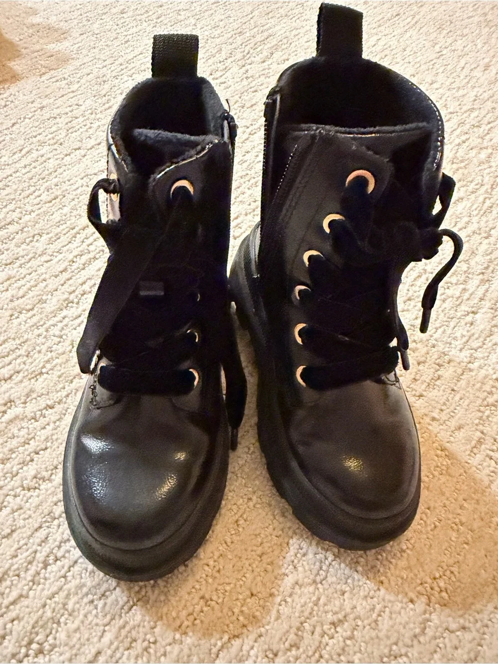 H&M Girls Black Patent Combat Boots Velvet Laces Size 9
